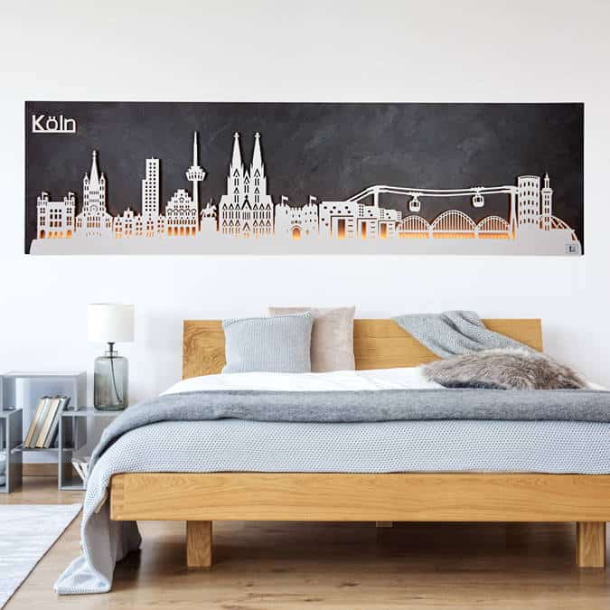 Köln im Herzen, das Wandbild "Skyline Köln" von merk!echt an der Wand: Begeisterung zeigen, ob mit oder ohne Beleuchtung