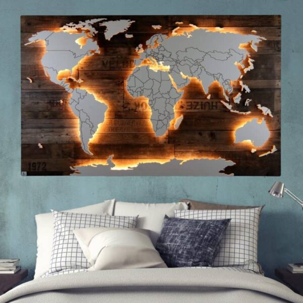 SALE: Weltkarte “Amundsen” | Hintergrund: Vintage (Dekor) | SALE: 128x78cm – Weiße Kontinente – Warmweiße Beleuchtung – Ohne Antarktis – Ohne Ländergrenzen