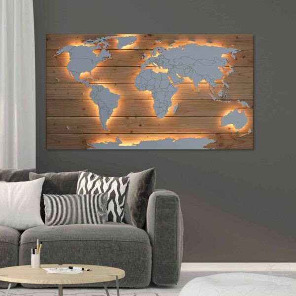 SALE: Weltkarte “Henson” | Hintergrund: Douglasie (Vollholz) | 128x70cm – Weiße Kontinente – Warmweiße Beleuchtung – Mit Antarktis – Mit Ländergrenzen