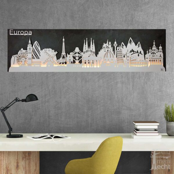Skyline “EUROPA” – Highlights der Region | Wandbild aus Holz (128cm)