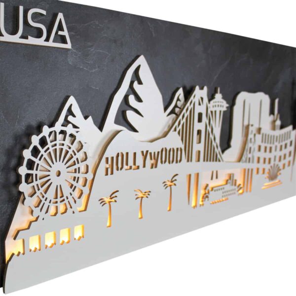 Skyline “USA” – Highlights der Region | Wandbild aus Holz (128cm)
