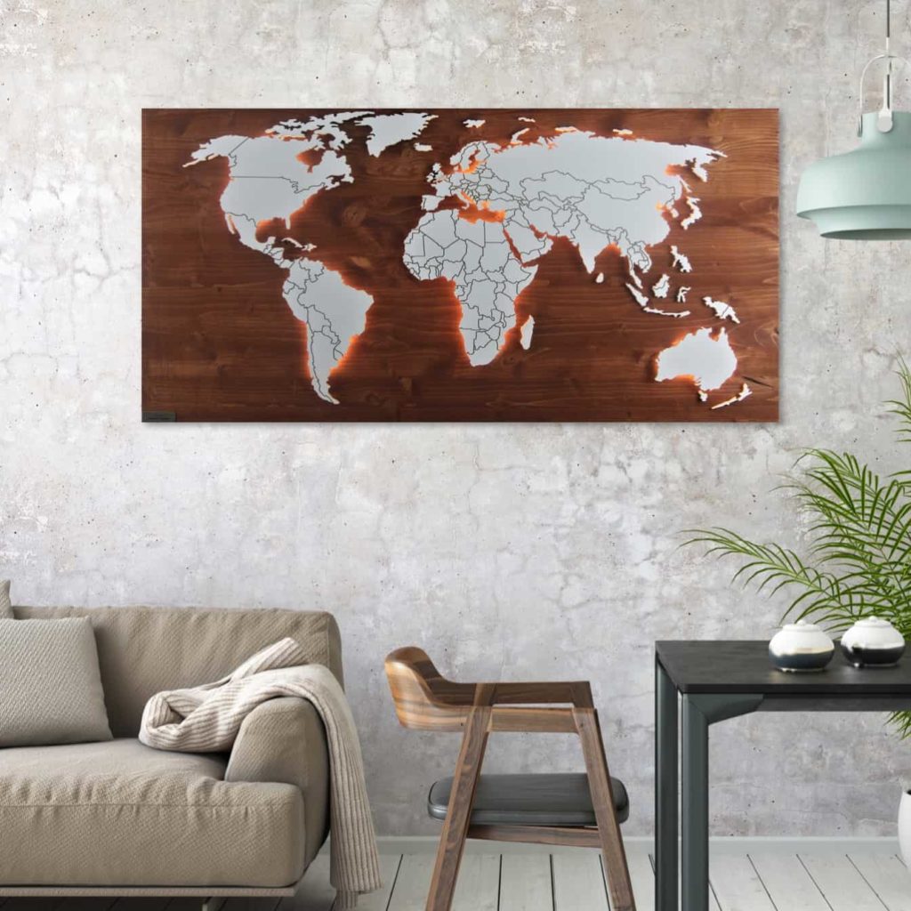 Weltkarte-Geschenk-Nussbaum-Wandbild-Beleuchtet-WeißesKontinente-Holz-Welt-Karte-XXL-WelkartenAusHolz-WeißeKontinente-KontinenteHolz