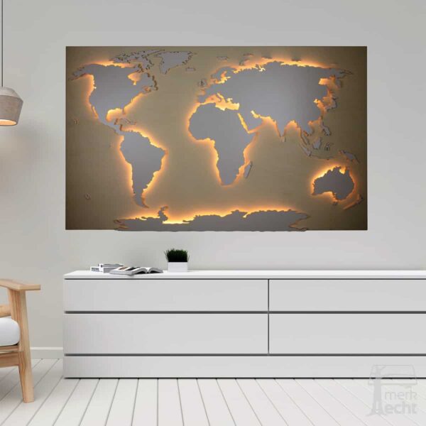 SALE: Weltkarte “Boone” | Hintergrund: Pappel-Holz (Multiplex) | XXXXL 200x110cm – Weiße Kontinente – RGB Beleuchtung – Mit Antarktis – Ohne Ländergrenzen