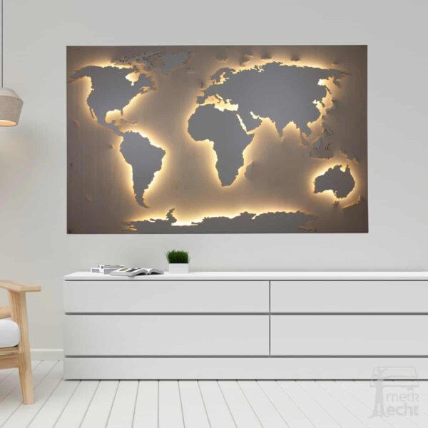 SALE: Weltkarte “Scott” | Hintergrund: Birke (Lasur) | SALE: 128x78cm – Weiße Kontinente – Warmweiße Beleuchtung – Ohne Antarktis – Ohne Ländergrenzen
